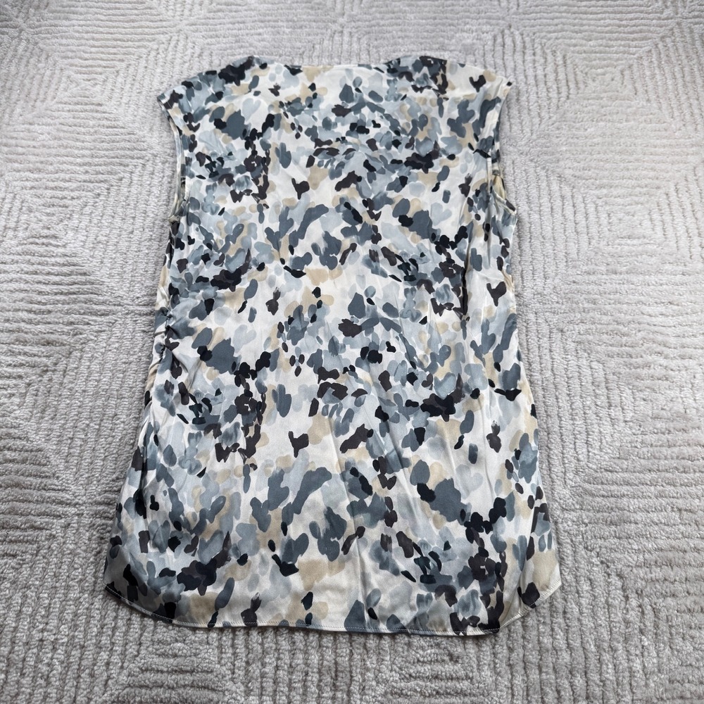 Ann Taylor Silk Blouse Women's 10 Grey Tan Abstract Animal Print Tie Neck Shell - Picture 2 of 10